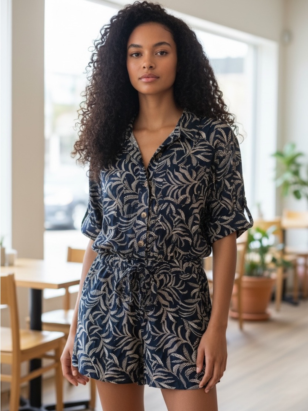 Evereve Navy Leaf Print Short Romper